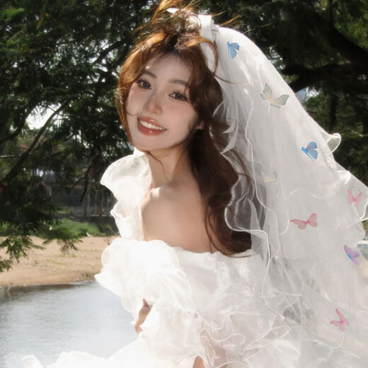 Jingli Jingda Veil Proposal Proposal Bridal Headwear Photo Confession Registration Puffing Veil Decoration White Veil Children's Veil Colorful Butterfly Veil Hair Comb