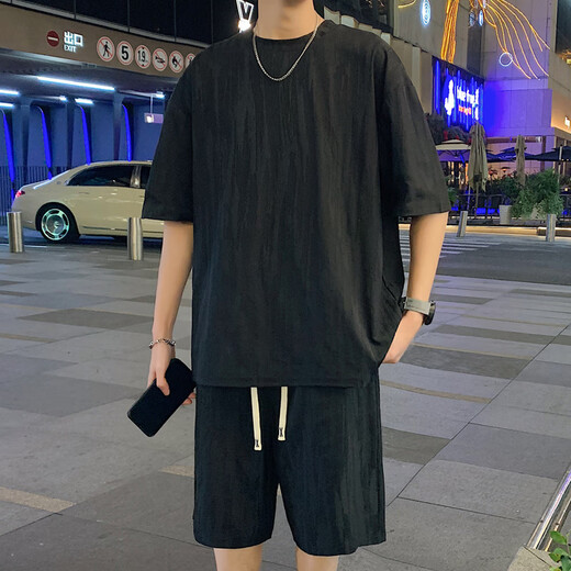 龙桃子休闲运动套装男夏季2025新款美式宽松短袖短裤男生酷帅穿搭两件套 2546-826黑色套装 M 约90-105斤可穿