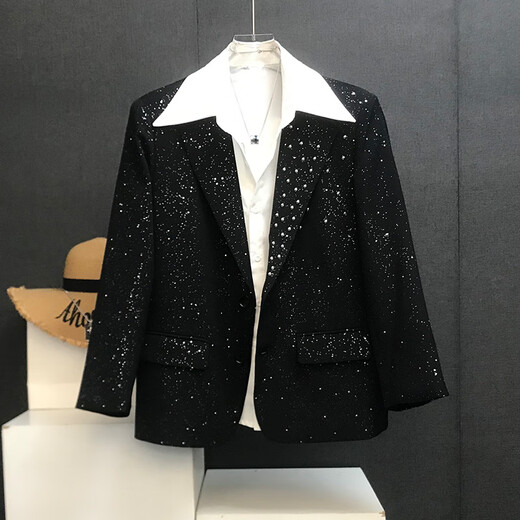 温弥西服带星星男春季重工钉珠设计西装士感时尚潮流宽松满天星闪闪外 黑色6210成满天星西装外套 L 135-158斤