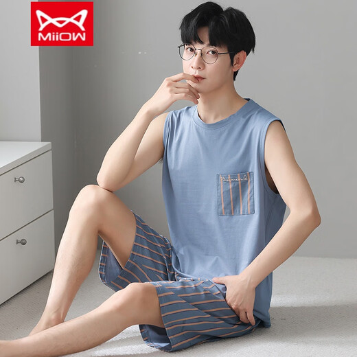 Catman (Miiow) Vest de pijamas masculino modal de mangas delgadas delgadas de verano Jin Jin [Jin equivale a 0.5 kg] Traje doméstico de dos piezas 12026 [Set de hombres] L [sugerido 100-140 Jin [Jin equivale a 0.5 kg]]