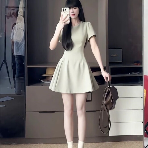 
ZIPJBX short-sleeved dress with small fragrance style waist-hugging and slimming A-line skirt-feeling temperament women's clothing Black #1283 2XL