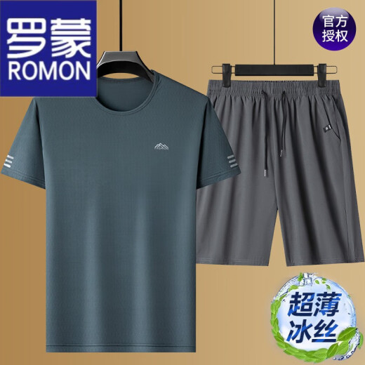 罗蒙（ROMON）休闲套装男士夏季短袖套装男冰丝t恤男薄款运动体恤汗衫2025新款 PZ5012-黑色【蓝上衣+黑短裤】 XL 175建议130-150斤
