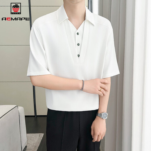 AEMAPE fake two-piece ice silk five-point sleeve shirt for men summer 2025 new fashion casual trend emerald button top Q1047 white thin M [Suggested 110-120Jin [Jin equals 0.5 kg]]