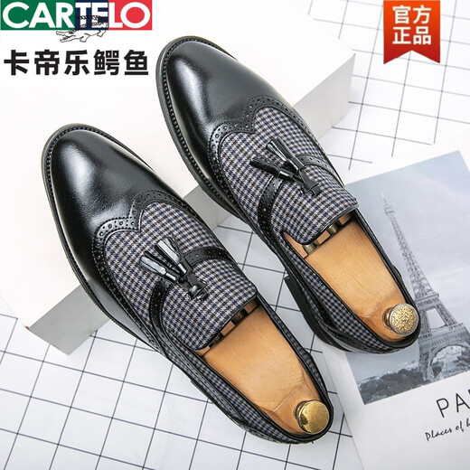 Cartelo Retro Britische Trendy Herrengeschäft Casual Leder Schuhe Quasten ein Fuß faule Bohnenschlepper Brown 9196 Schwarz 38 Standard Lederschuhe Größe