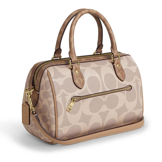 Coach Rowan Brand Logo Reißverschluss Öffnung und geschlossener Leder Boston Bag One-Shoulder Crossbody Handtasche Frauentasche Geschenk Beige Patch Brown Cy679-IMXI9 25.5*14*17cm