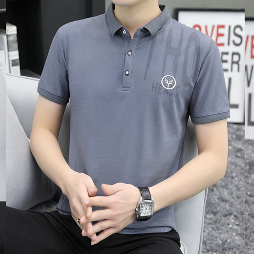 以纯 YISHION夏季冰丝纯棉短袖t恤男士半袖体恤带领夏装上衣服翻领潮牌polo衫 蓝色 756 M 90-104斤