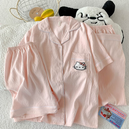 丽纱蓓儿2025新款凯蒂猫hellokitty短袖云朵棉三件套夏季睡衣女卡通可外穿 9905#黑爱心 M 75-95斤