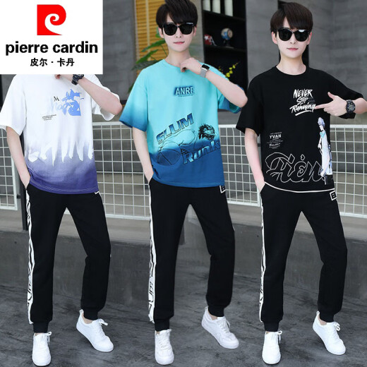 皮尔卡丹（pierre cardin）夏季青少年短袖t恤男孩衣服高中初中学生大童夏装帅气运动套装潮 白灰色 套装TZ9226款 XL 【100-120斤】