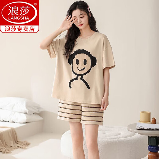 浪莎（langsha）睡衣女夏季纯棉短袖短裤甜美可爱简约休闲女士可外穿春夏款家居服 687女 M 【80-100斤】