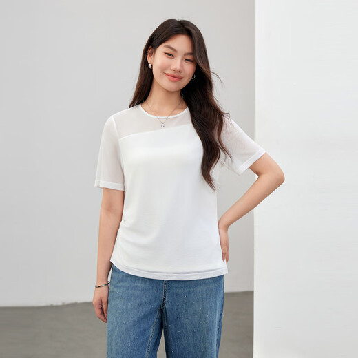 纤莉秀【设计感压褶圆领百搭莱赛尔T恤】大码女装胖mm2025夏新款1396 米白色 3XL
