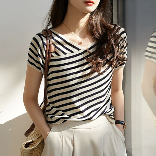 Pier Cardin French striped short-sleeved T-shirt for women in summer 2025 new loose slim v-neck thin knit sweater ice silk top DX829# striped color S recommended 85-99Jin [Jin equals 0.5 kg]
