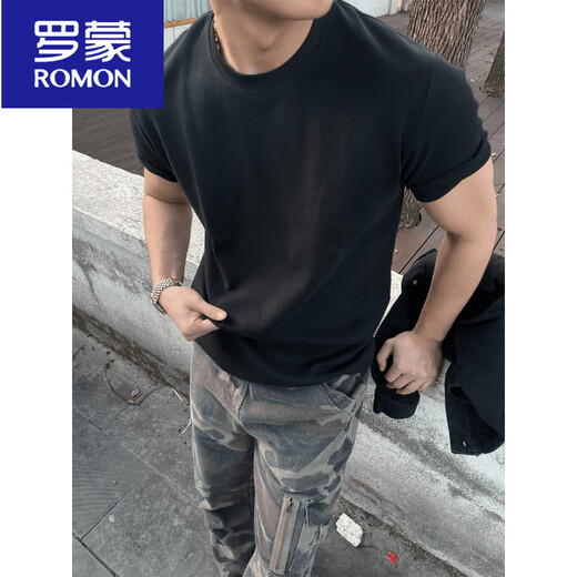 罗蒙（ROMON）黑色重磅纯棉小领口T恤男款夏季潮牌美式修身显肌肉正肩收口短袖 黑色 M (适合)100-115斤