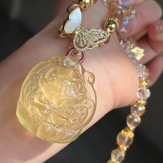 
Allied high-quality natural citrine nine-tailed fox general looking at the moon fox pendant sweater chain set women's gift collection 12604 hand-engraved