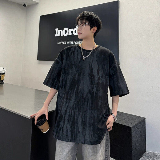 POUM美式复古扎染短袖t恤男士夏季潮牌ins宽松百搭休闲五分袖 CQS-1476黑色 2XL