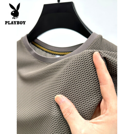 花花公子（PLAYBOY）冰丝网眼t恤男士短袖圆领夏季冰感透气吸汗速干运动修身体恤上衣 D6188深灰色 M