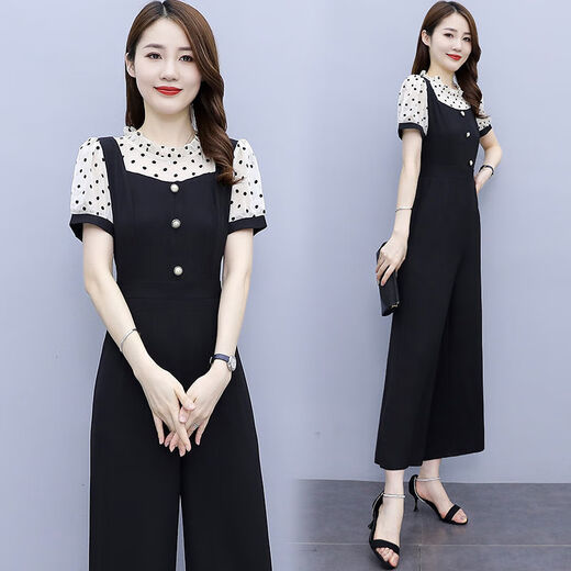 皮尔卡丹（pierre cardin）短袖雪纺阔腿连体裤套装女2025年新款时尚气质夏季薄款一体连衣裤 【1098#】杏色 连体裤 M 建议95-105斤