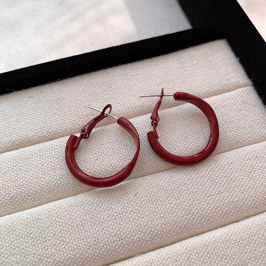 New Year's Eve Ankora Red Drop Glaze Earrings Light Luxury High-end Earrings Niche Temperament Earrings Autumn and Winter Earrings for Women Burgundy Plain Hoop Earrings One Pair