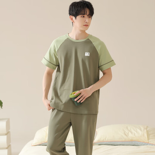 焦男男士睡衣纯棉夏季拼接色潮流简约轻奢可外穿家居服短袖长裤两件套 01N13601男 XL