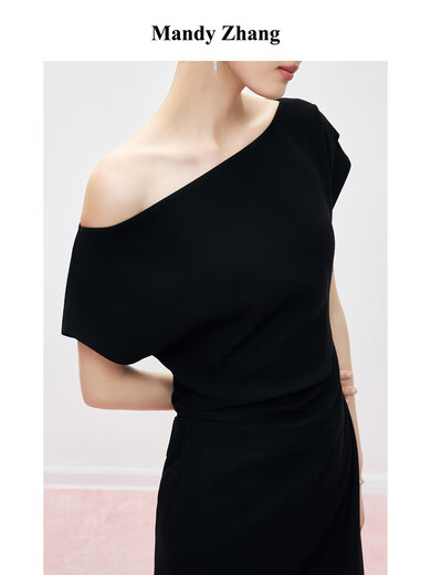 Mandy Zhang赫本风一字肩短袖黑色连衣裙女夏季气质轻礼服宴会裙子 静谧黑 M