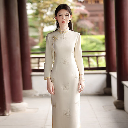 绣花长款改良旗袍2025新款年轻款女复古修身中长袖日常可穿春秋装 13566香槟 S