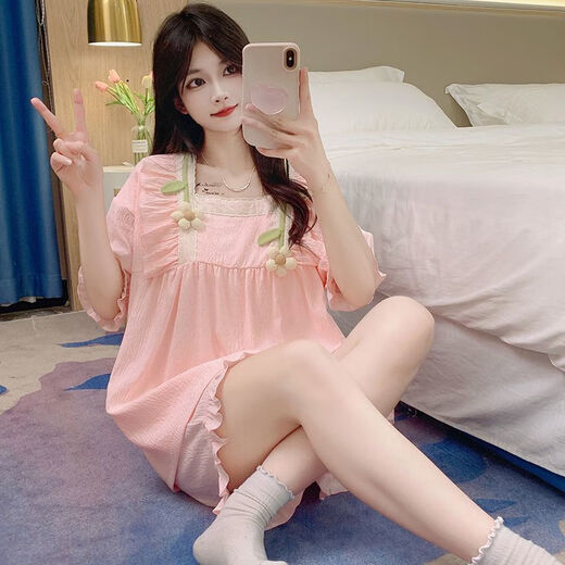 崽白2024新款睡衣女夏季带胸垫甜美可爱花朵宽松薄款家居服套装可外穿 jw-3881#粉色固定胸垫 L