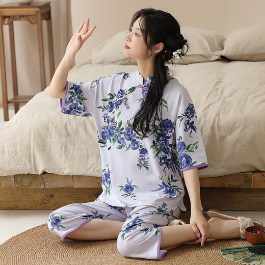 2025年新款睡衣女夏天短袖套装国风针织棉七分裤休闲家居服可外穿 9902 M 【80-100斤】