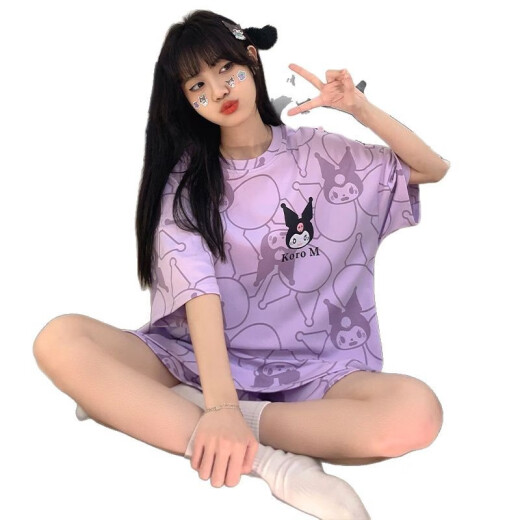京濮飞日系卡通短袖睡衣女夏季宽松薄款家居服可外穿套装 677紫库洛米 185 2XL码【建议125-150斤】