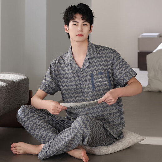 叶盼（yepan）睡衣男士夏季纯棉短袖长裤开衫薄款全棉夏天宽松加大码家居服套装 5010-灰色 3XL (185) ：建议180-200斤穿着