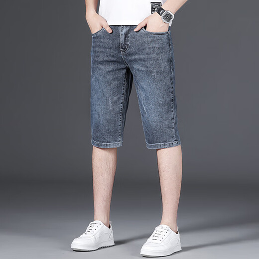 Septwolves pantalones cortos de mezclilla para hombre, pantalones de longitud media, delgados, delgados, rectos, elásticos, 2025, nuevos pantalones casuales de verano de tres cuartos 679 azul 28
