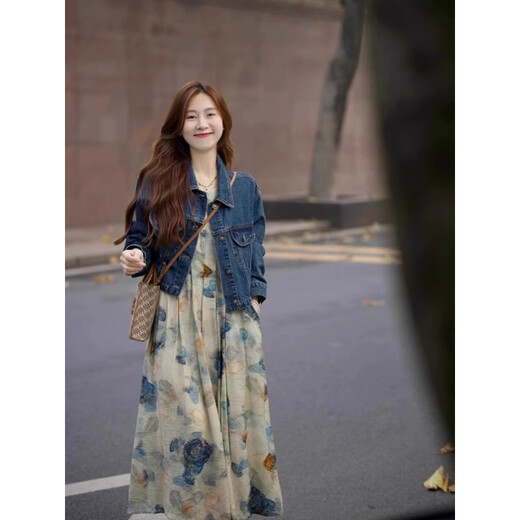 Luge Vest Robe Retro Tempérament littéraire Nouveau style chinois Spring and Summer Long Jirt Women's Clothing 2025 Nouveau Niche Design Sense Encre Painting Robe XL [suggéré 115-130jin [Jin est égal à 0,5 kg]]]
