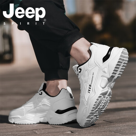JEEP SPIRIT吉普男鞋夏季2025新款休闲户外跑步运动鞋子男士增高厚底老爹鞋 白黑 42