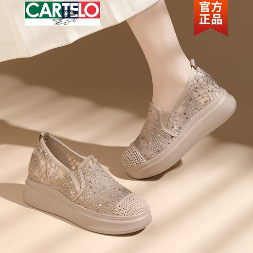 
CARTELO lace mesh breathable inner heightened fisherman shoes for women thick sole 2025 summer thin hollow cloth shoes small size casual single shoes JST 1283 Khaki 35