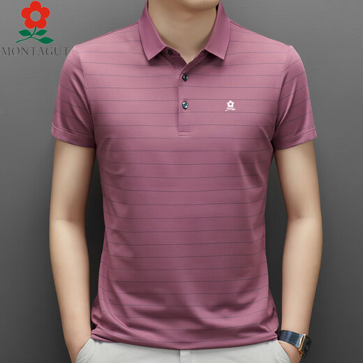 MONTAGUT men's mulberry silk short-sleeved T-shirt summer middle-aged daddy wear business casual striped polo shirt A829-green M 165 suitable for 100-115Jin [Jin equals 0.5 kg]