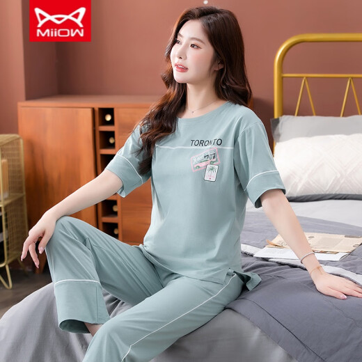 猫人 MIIOW睡衣女夏季纯纯棉年新款短袖长裤家居服套装可外穿薄款全纯棉套装 7374豆绿 M 80-100斤