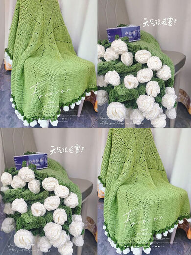 Shantoulin Village Rose Blanket Rose Bouquet Blanket Cover Blanket Blanket Blanket wool crochet material bag Hand-woven (A684) Small 80cm [Blue + Milk White Lily of the Valley Flower