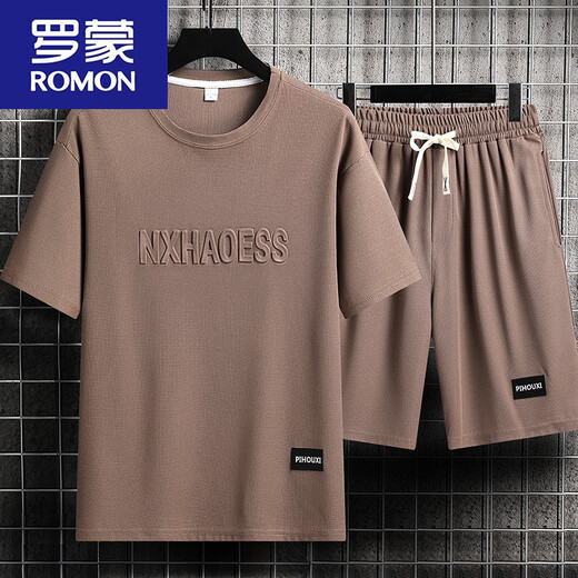 罗蒙（ROMON）男士夏季套装青少年短袖t恤薄款冰丝两件套休闲运动服五分短裤子 单件上衣-829军绿 XL 建议130-145斤