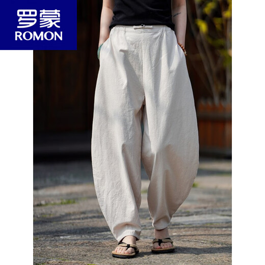 ROMON retro style linen pants men's loose harem pants meditation cotton and linen casual pants summer wide-leg lantern trousers numb color M 100-120Jin [Jin equals 0.5 kg]