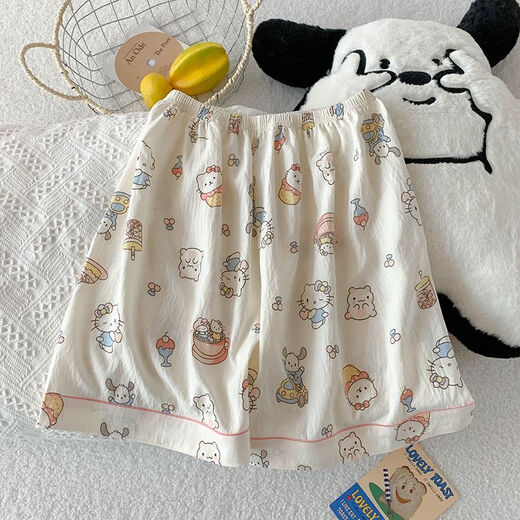 夏季短袖睡衣女薄款开衫三件套家居服新款可外穿卡通学生少女套装 9911浅杏蛋糕KT猫三件套 L