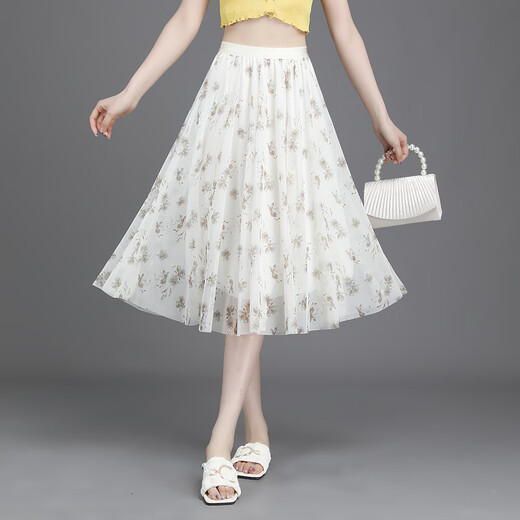 Waterside Clothes 2025 summer new floral skirt for women with small fresh short skirt with large swaying mesh printed A-line slim chiffon mid skirt 9906-5# One size (suggested 90-145Jin [Jin equals 0.5 kg])