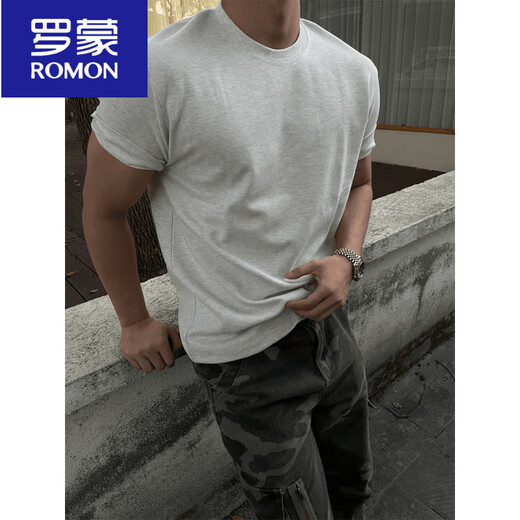 罗蒙（ROMON）黑色重磅纯棉小领口T恤男款夏季潮牌美式修身显肌肉正肩收口短袖 黑色 M (适合)100-115斤