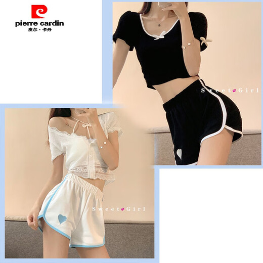 皮尔卡丹（pierre cardin）两条装网红休闲居家热裤ins夏薄款宽松阔腿刺绣爱心运动短裤 黑色+蓝色【902#】 3XL 【建议135-150斤】