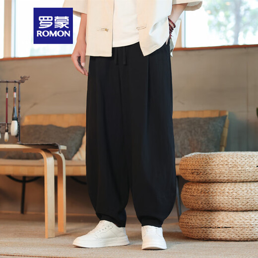 罗蒙（ROMON）亚麻休闲长裤男裤子中国风潮牌棉麻灯笼裤夏季宽松束脚裤阔腿垮裤 黑色 3XL 170-190斤