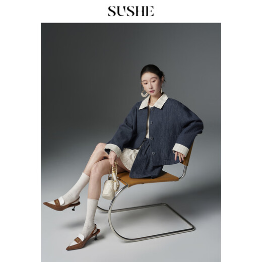 SUSHE Xunting retro movie-like cotton and linen stitching contrasting plaid jacket A-line skirt suit for women spring Qingming blue-skirt M