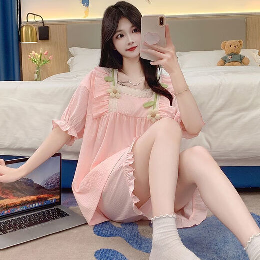 崽白2024新款睡衣女夏季带胸垫甜美可爱花朵宽松薄款家居服套装可外穿 jw-3881#粉色固定胸垫 L