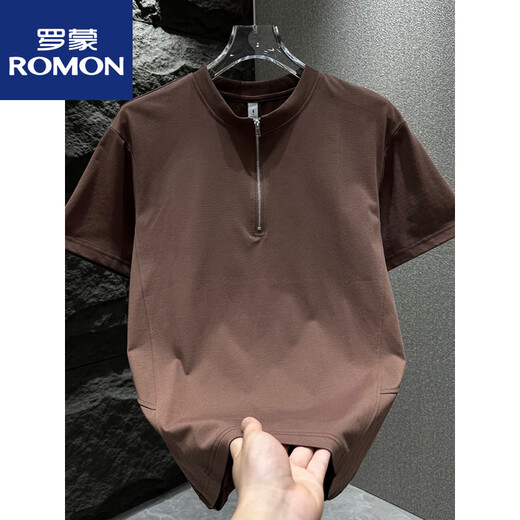 罗蒙（ROMON）短袖t恤男士2025夏季潮流半拉链凉感上衣纯色宽松百搭立领体恤衫 黑色 1585款 L 120-140斤