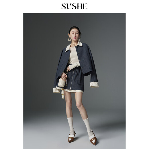 SUSHE Xunting retro movie-like cotton and linen stitching contrasting plaid jacket A-line skirt suit for women spring Qingming blue-skirt M