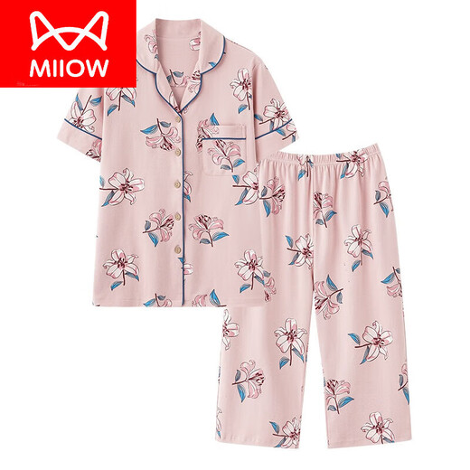 猫人（MiiOW）纯棉睡衣女夏款短袖七分裤开衫款妈妈大码休闲家居服女款2025新款 米杏色NXF-9893纯棉 女款开衫短. L 【建议100--120斤】