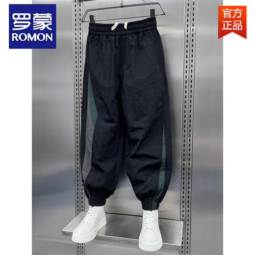 罗蒙（ROMON）夏季速干条纹拼接户外束脚运动裤男款潮牌宽松阔腿休闲九分哈伦裤 黑绿条 3XL 170-185斤