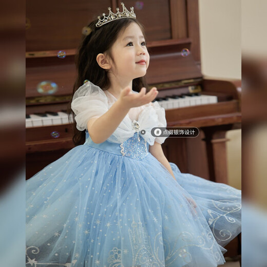 G.DUCKKIDS童装爱莎公主裙女童连衣裙夏季新款儿童裙子女孩艾莎生日礼服裙 裙子和皇冠 100 尺码2~3岁【 90-100cm】