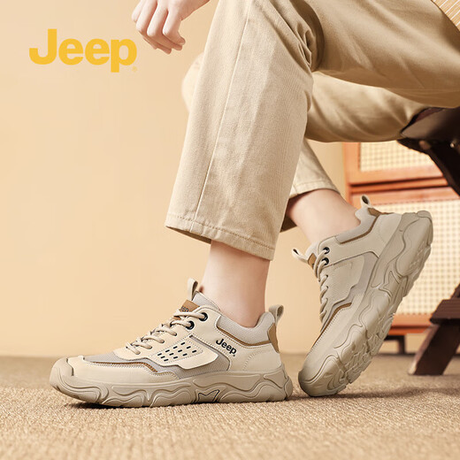 
Jeep Outdoor Men's Shoes Summer 2025 New Genuine Leather Non-Slip Casual Hiking Hiking Shoes Retro Trendy Workwear Shoes Sand Color 41 (Standard Sneaker Size)
